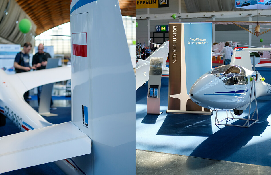 Leitwerk und Rumpf des SZD-51-1 Junior am AERO 2025 Stand.